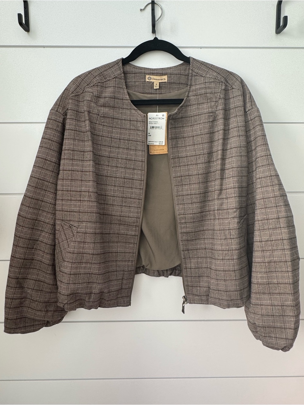 Democracy Plaid Bomber Jacket in Brown and Taupe